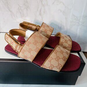 Gucci GG LOGO Monogram Wide Strap Sandal Brown/ Beige Canvas Mens UK 7.5 US 8